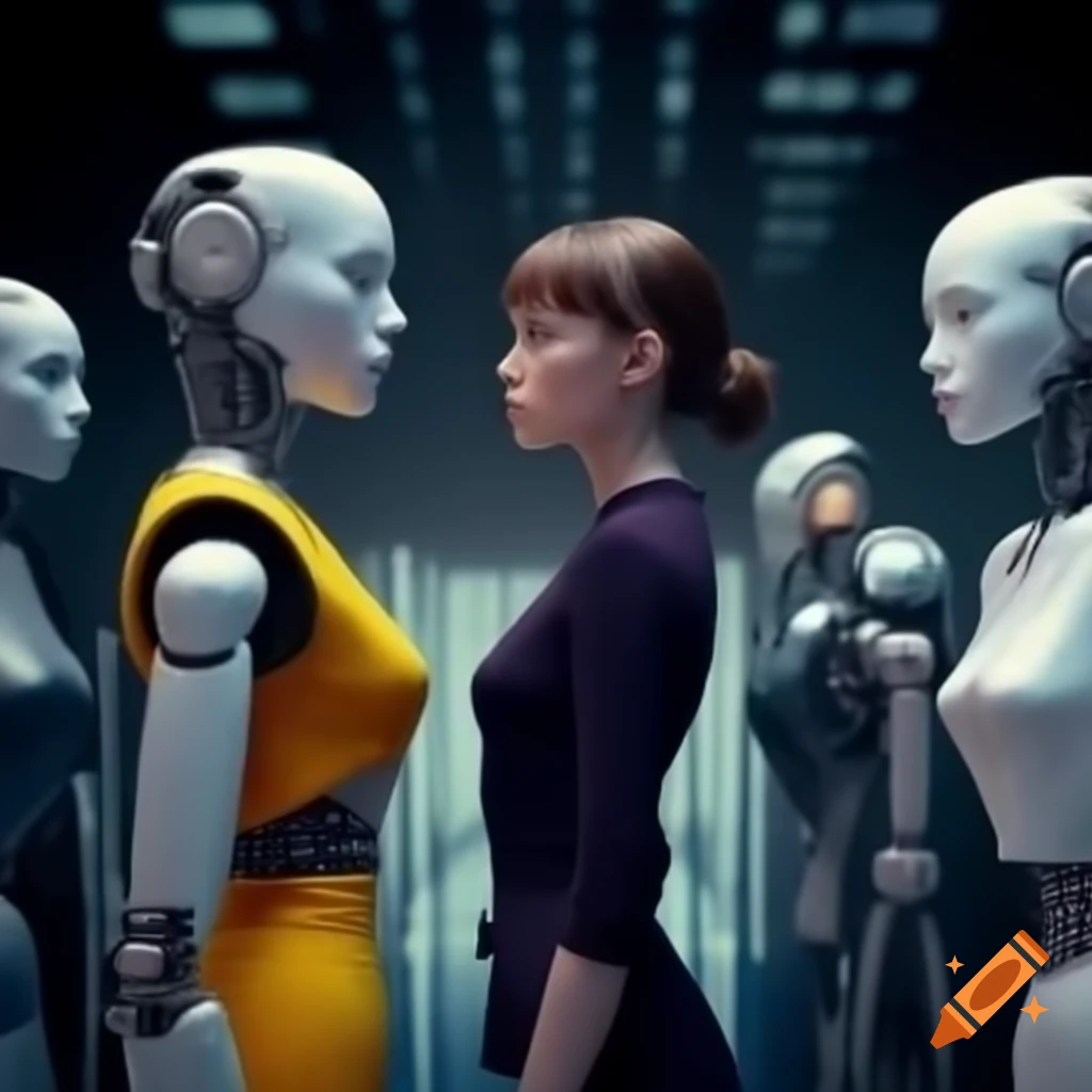Competition between women and robots in futurism style