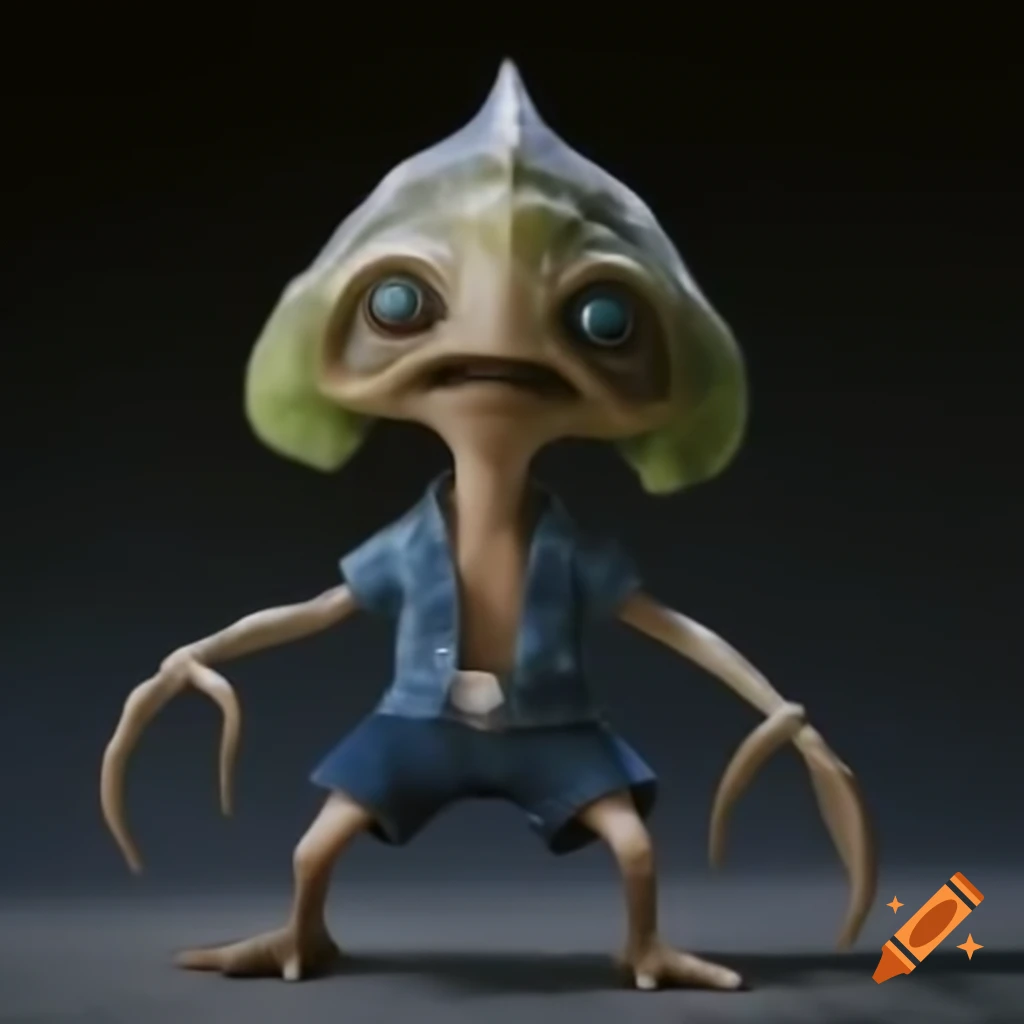 Extraterrestrial actor with large head and square face gazing into the camera