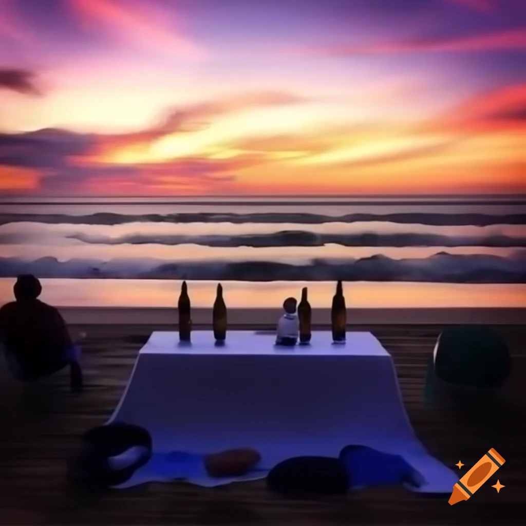 Sandy beach and ocean with vibrant sunset sky