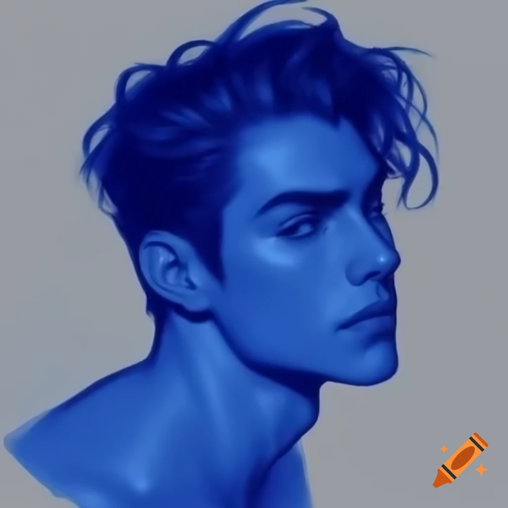 Blue monochrome sketch of man from bottom angle