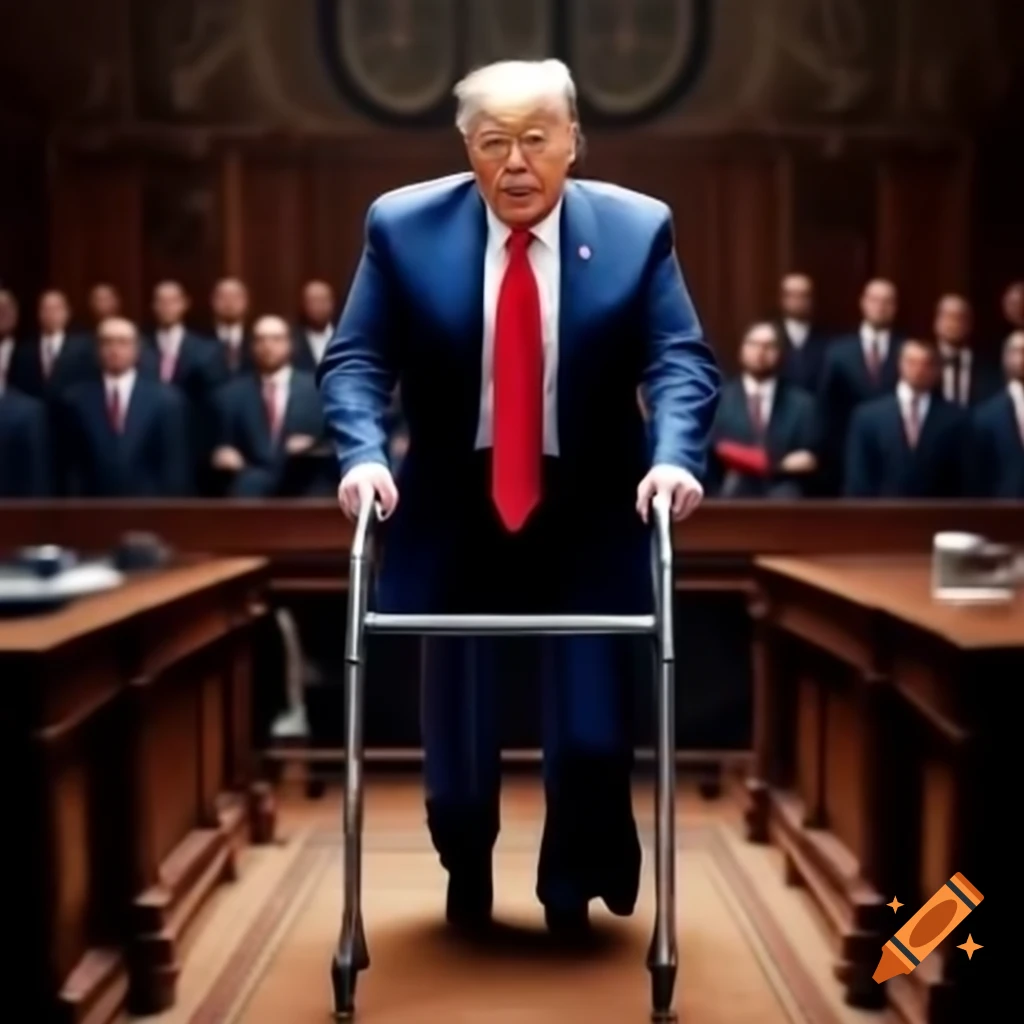 Satirical depiction of a political figure as a controversial personality in a courtroom setting