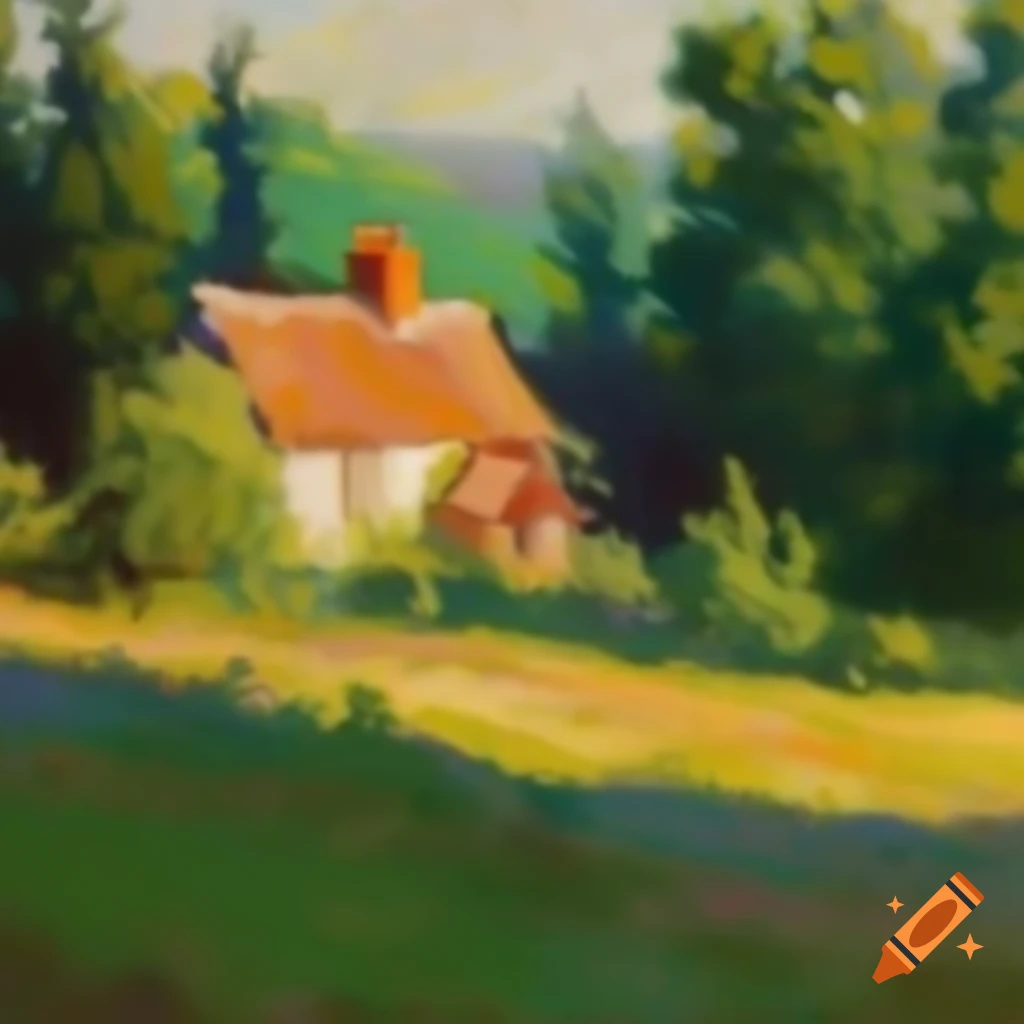 Impressionist painting of a cottage in the woods on a warm afternoon
