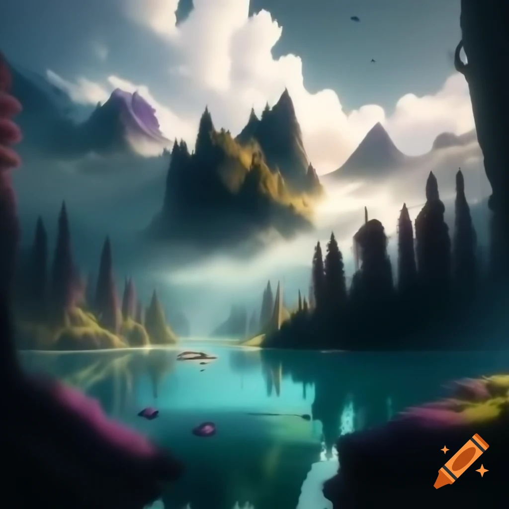 Ancient enchanted mountain range shrouded in mist with unique peaks