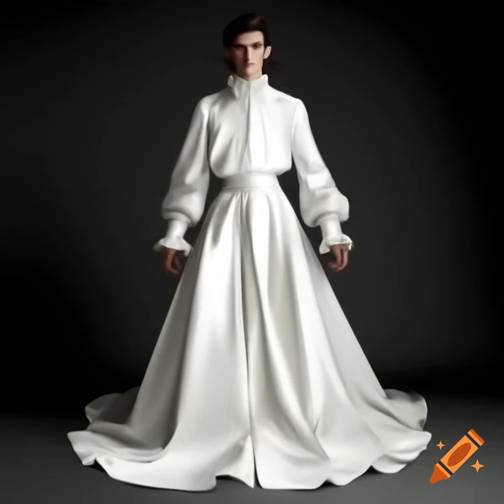 Handsome young man in elegant floor-length white satin gown with lace trim
