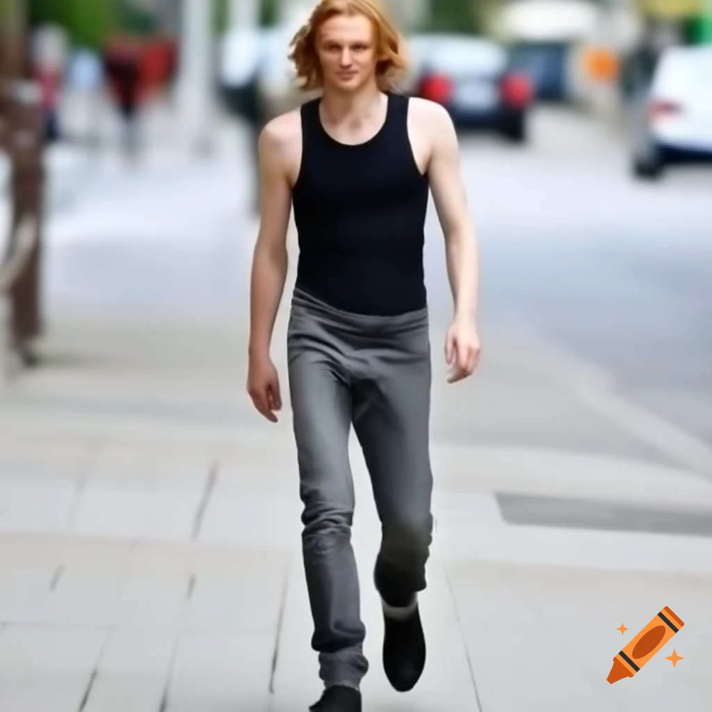 Jamie Campbell Bower walking in black tank top and dark gray jeans