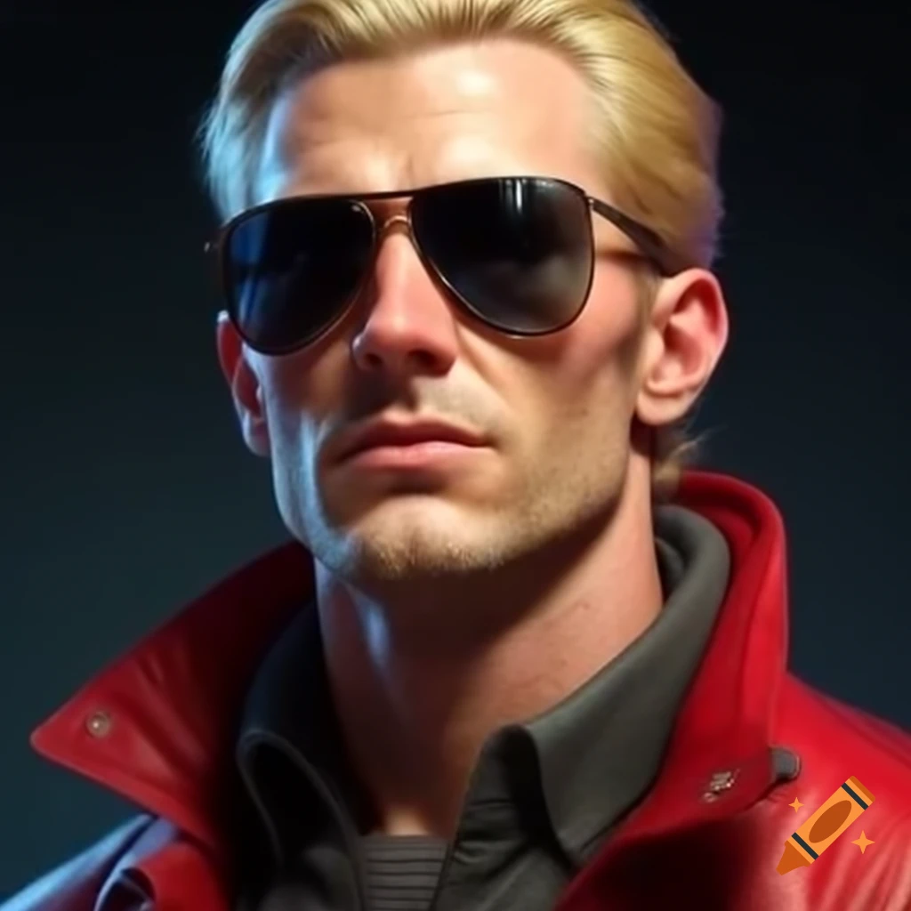 Portrait of cool smirking blonde man in dark sunglasses and red jacket