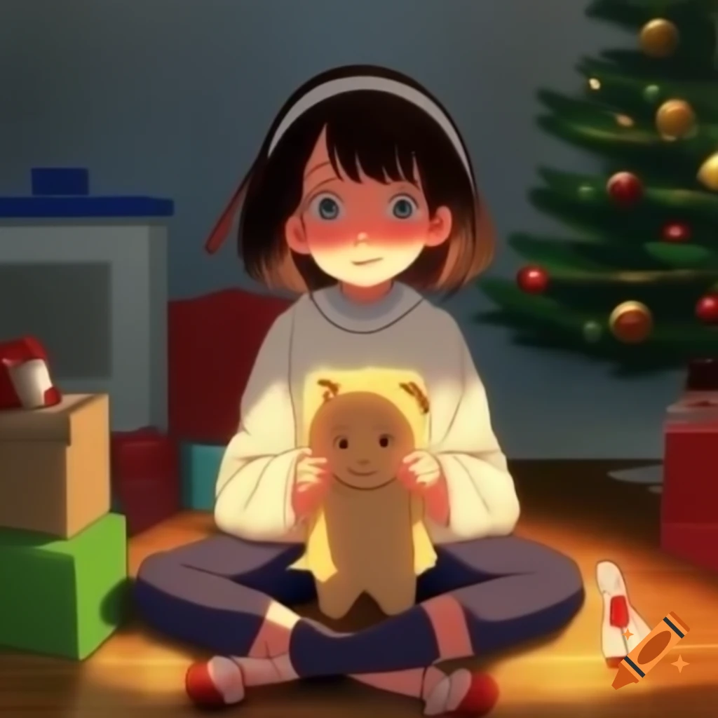 Girl sitting on floor holding Christmas toy