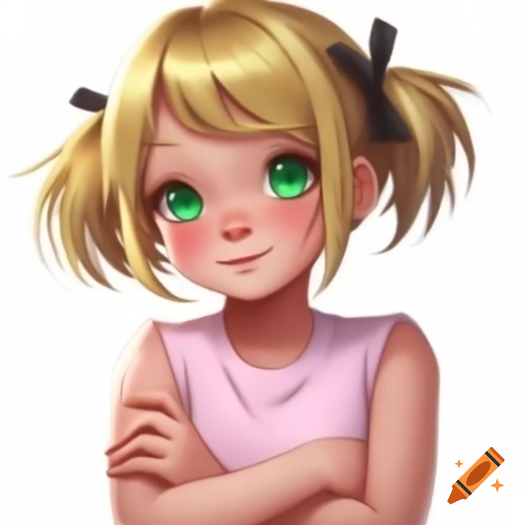 Anime girl with blonde hair and green eyes in pink sleeveless t-shirt