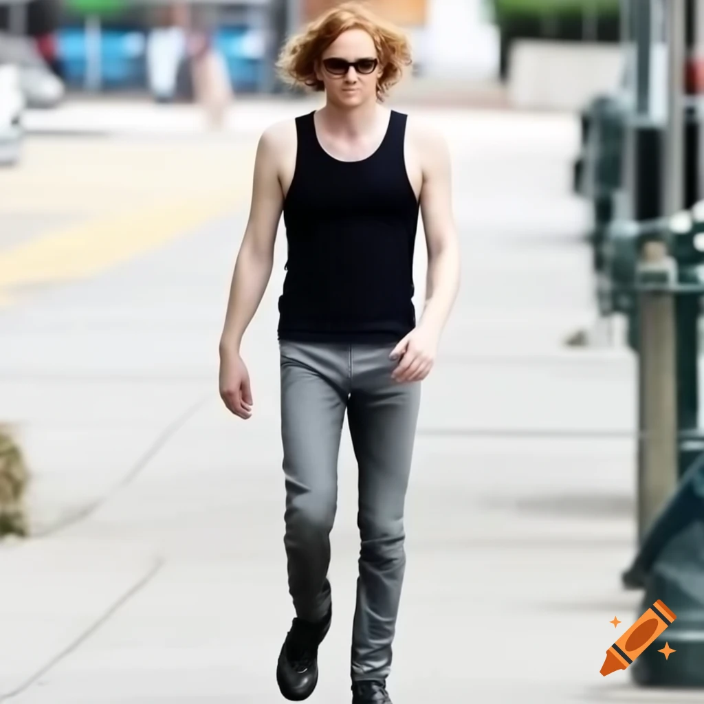 Jamie Campbell Bower walking in black tank top and dark gray jeans