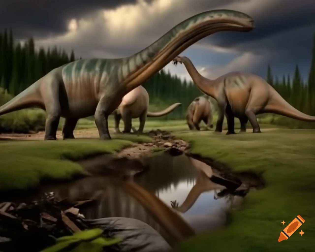 Striped Hadrosaurus group near stream in mudflat with ferns and driftwood