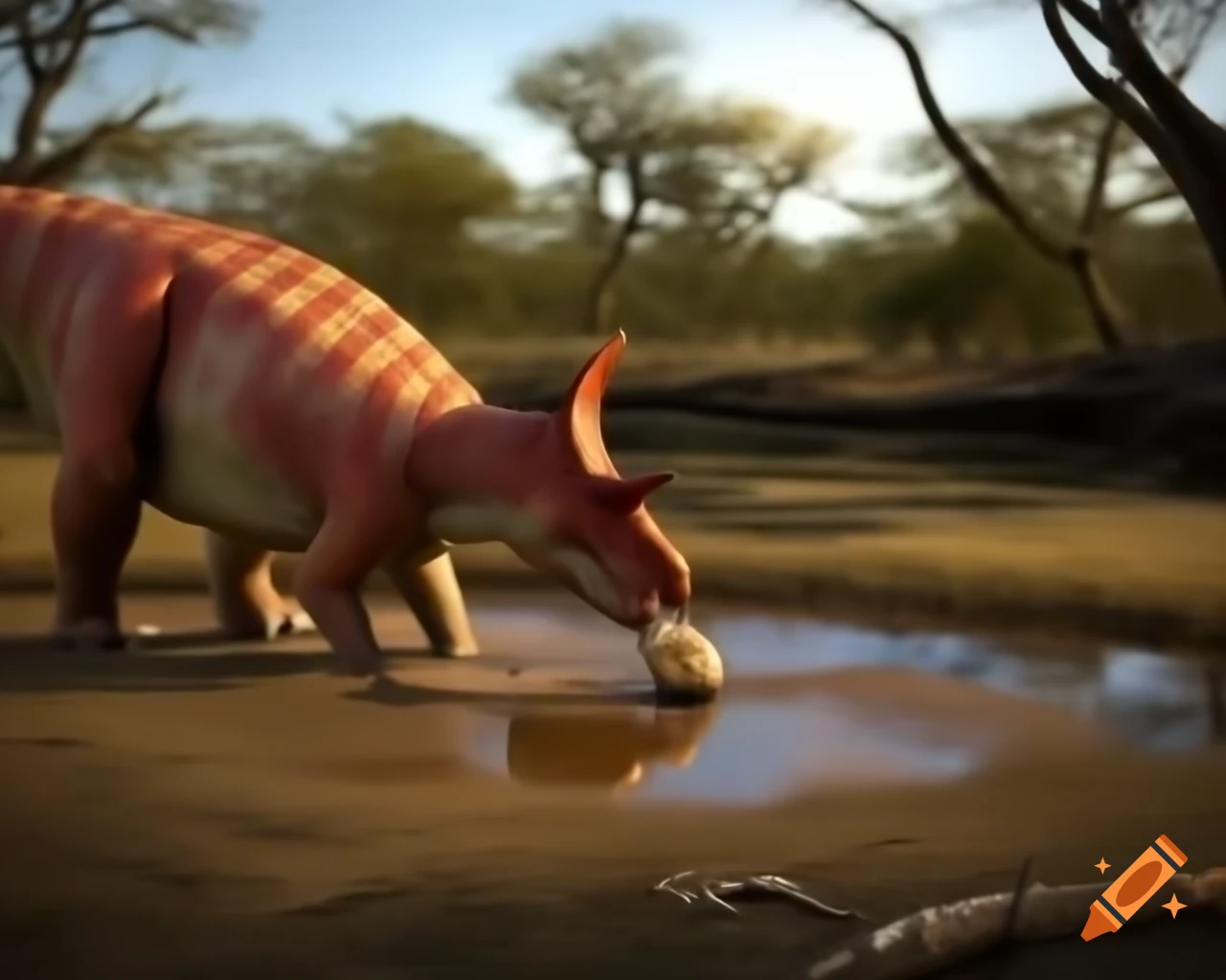 Hadrosaurus drinking in puddle under tree in sunny clearing