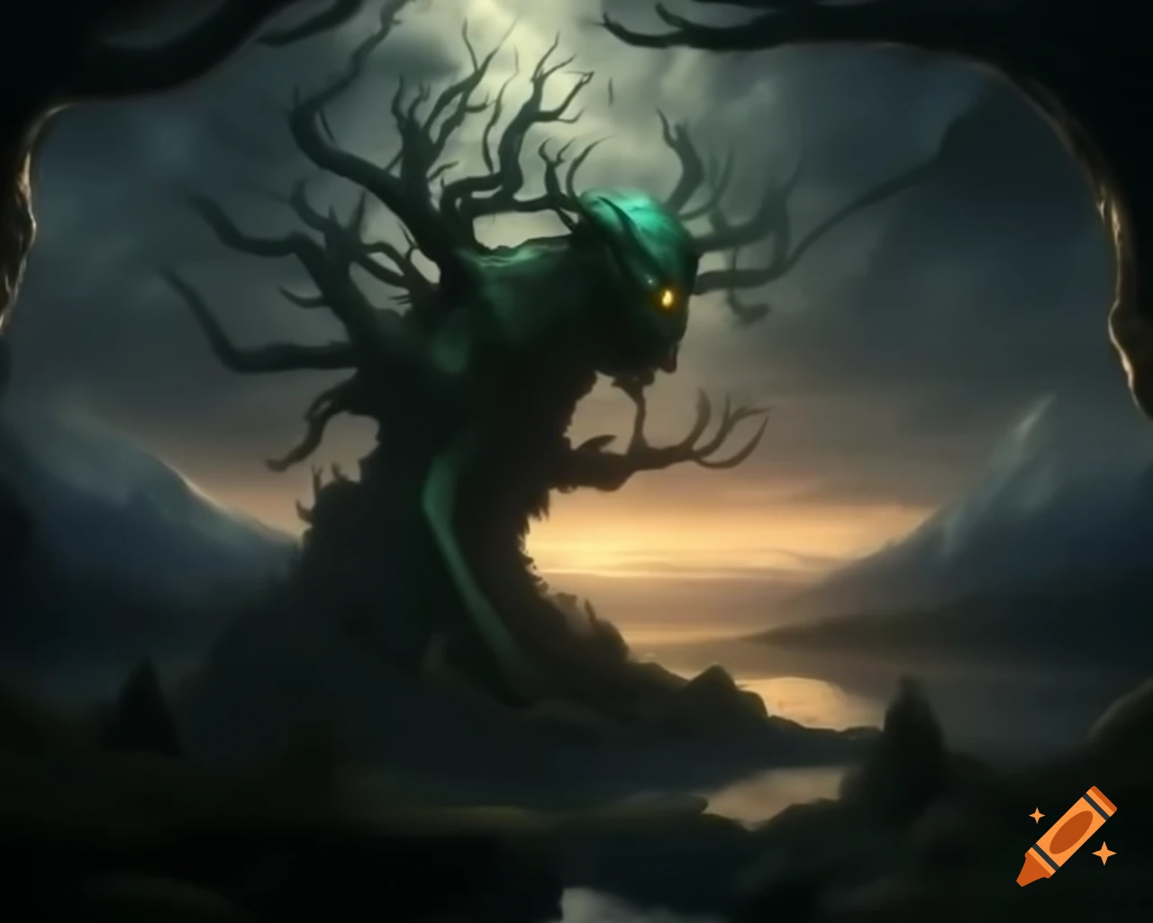 Tree monster in dark fantasy forest near mountain lake