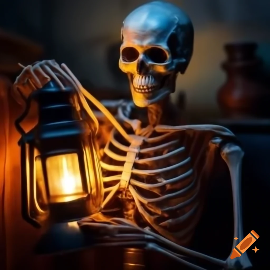 Skeleton holding lantern in a painted style