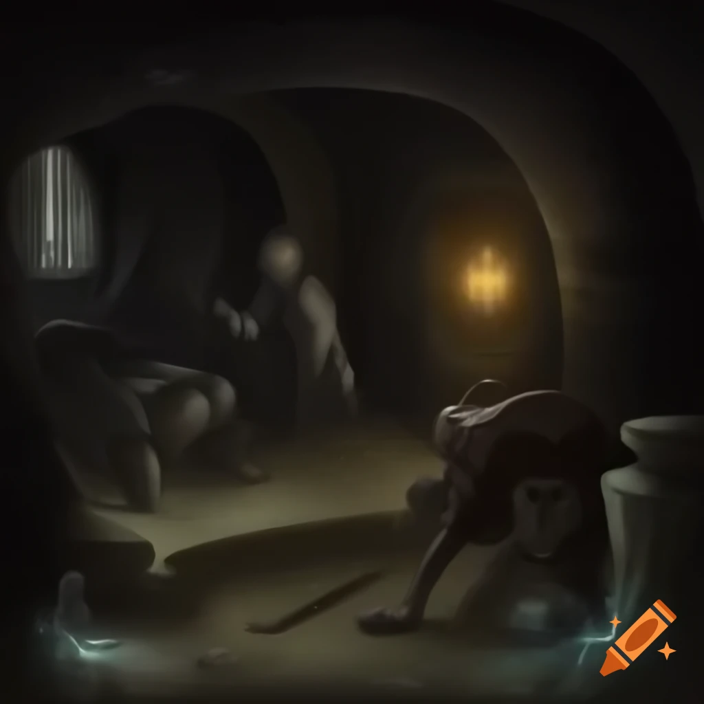 Dungeon scene in dark style reminiscent of Thomas Cole and John Martin, featuring cryptic cultist painting