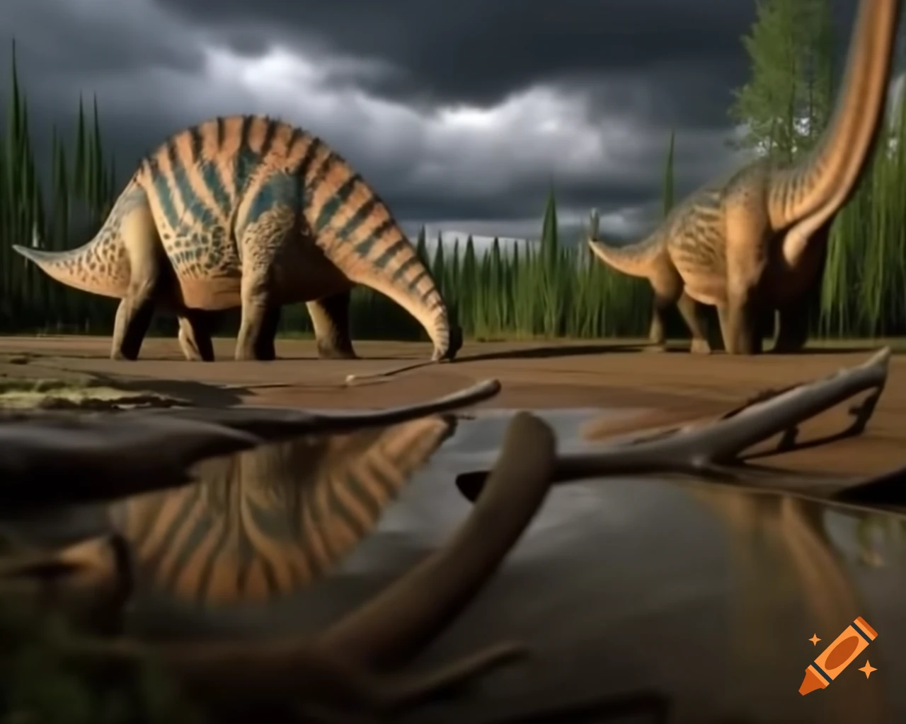 Striped Hadrosaurus roaming a stream in muddy flat with ferns and driftwood