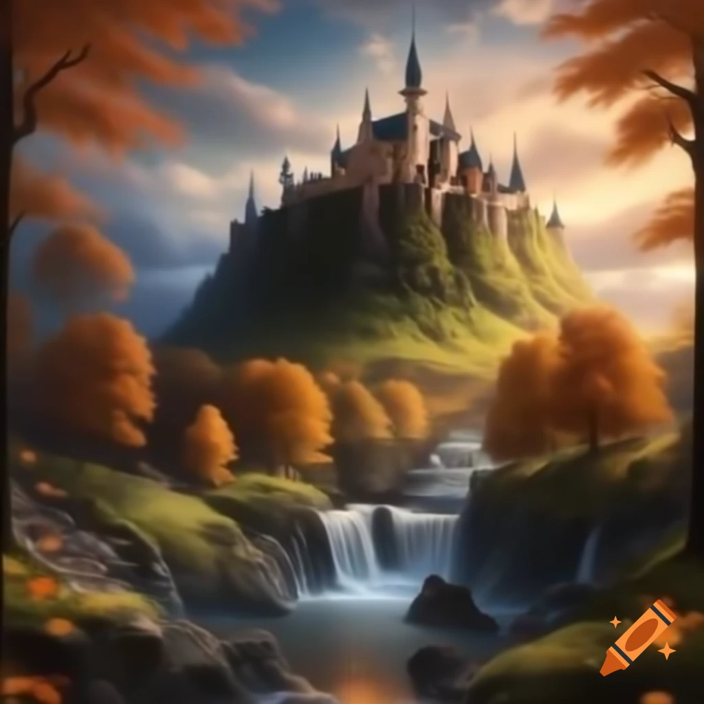 Realistic castle on a hill at dusk with fall leaves and waterfall