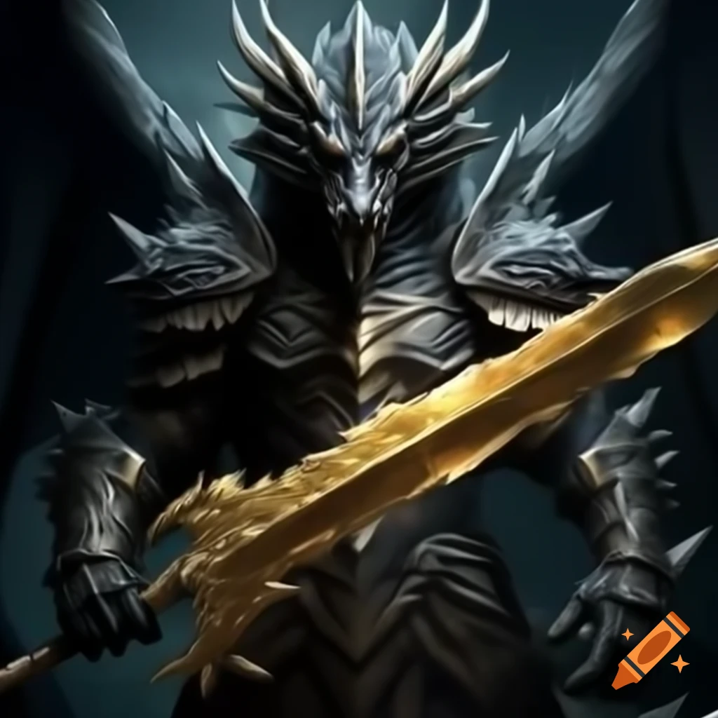 Powerful black dragon in armor with large golden blade