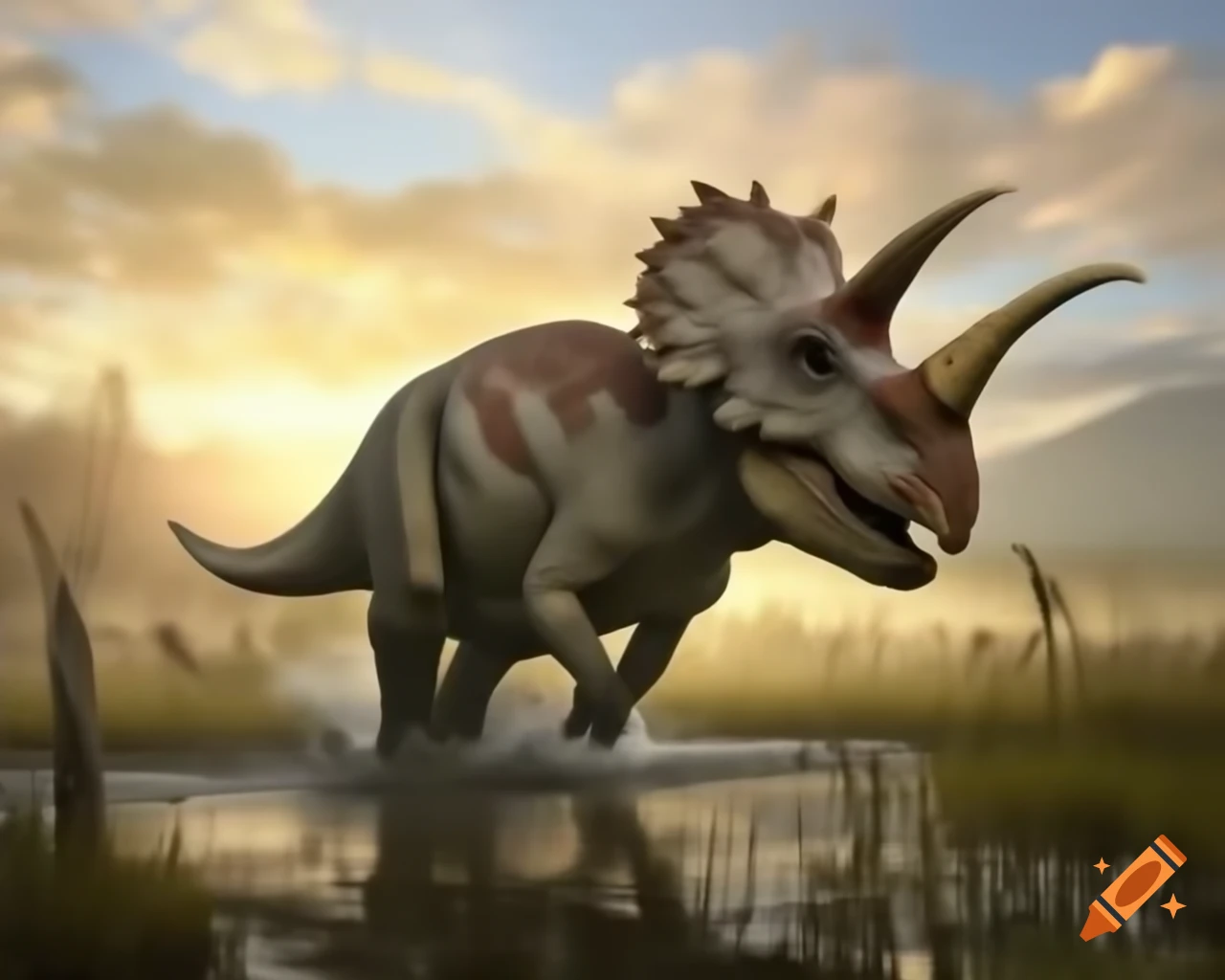 Herd of protoceratops crossing marsh at sunset with driftwood