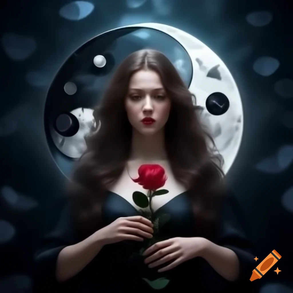 Adult English woman in dark dress holding rose under yin yang moonlight, photorealistic