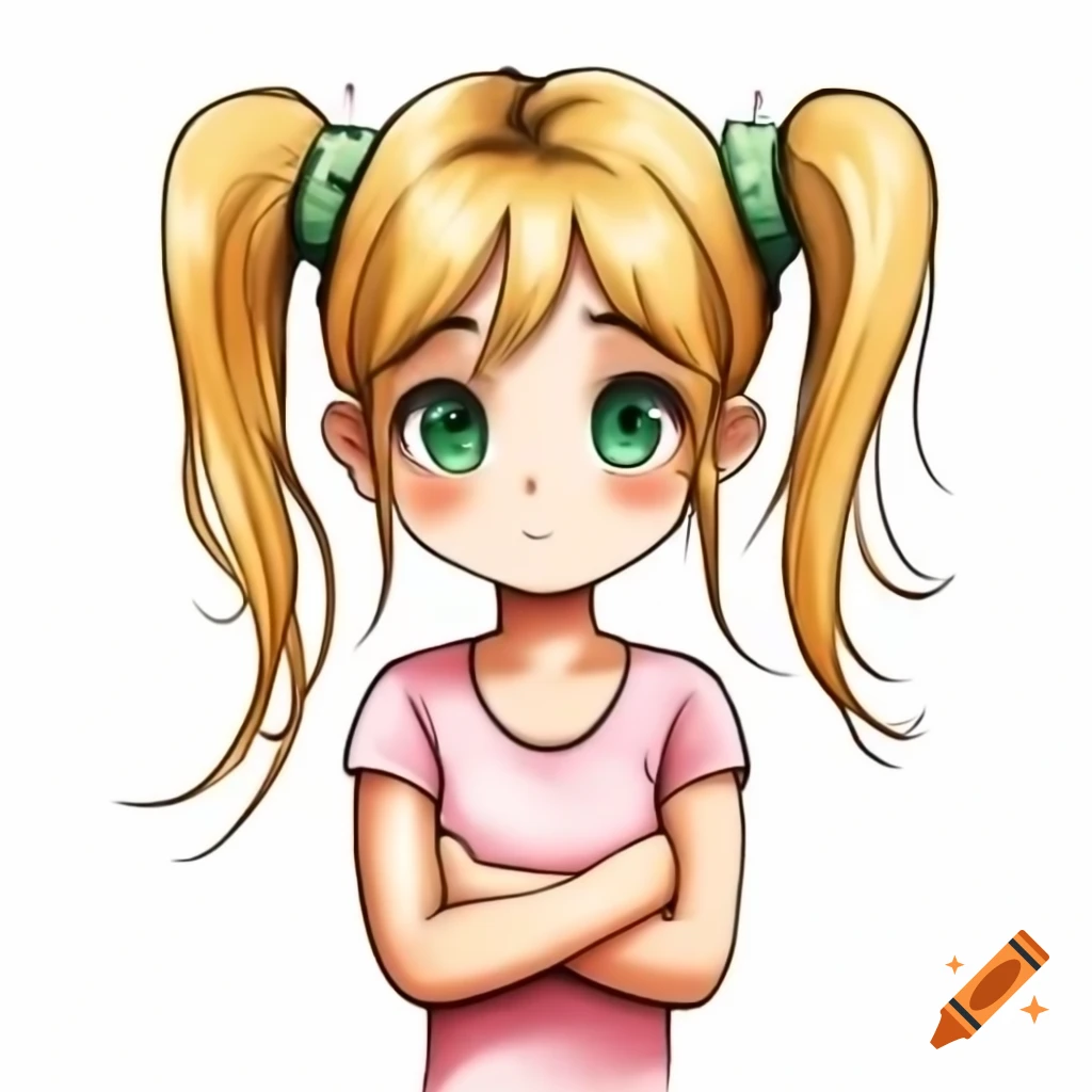 Anime girl with blonde hair and green eyes in pink t-shirt, arms crossed