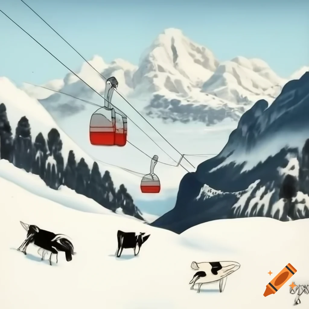 Swiss Alps valley in winter with cable cars, goats grazing, and man enjoying Rivella, ukiyo-e style