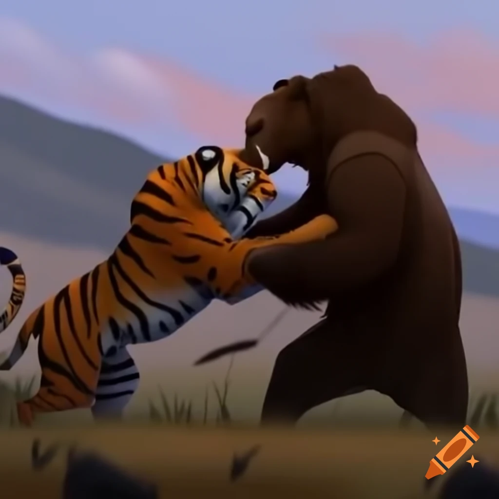 Siberian tiger and wild grizzly bear in an intense confrontation