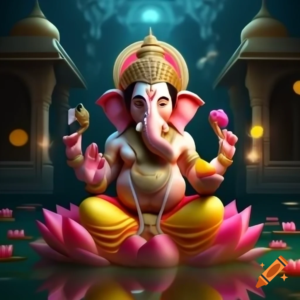 Surreal digital illustration of Lord Ganesha on lotus flower holding iconic attributes