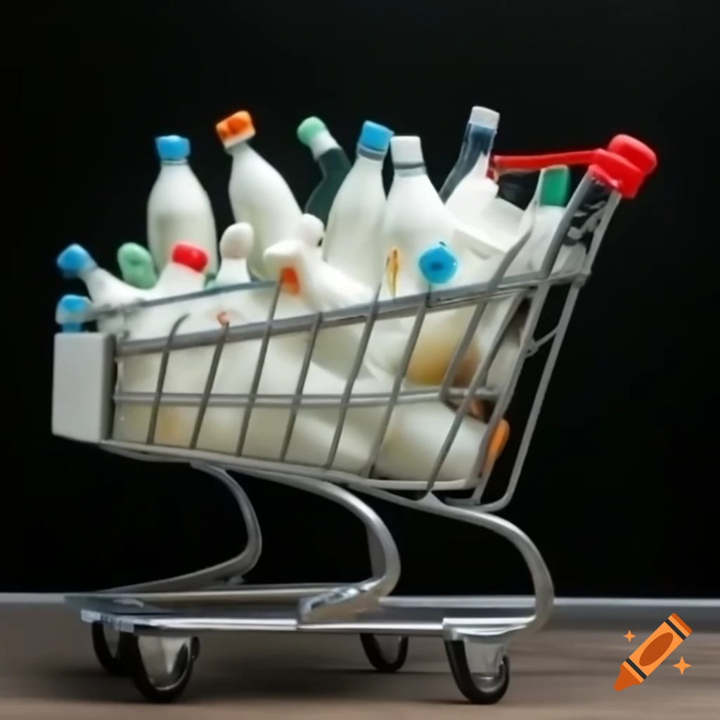 Shopping cart filled with bottles of milk