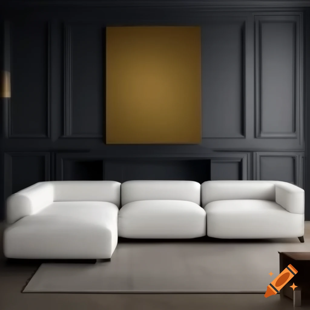 Modern living room with white sofas and dark grey walls featuring gold painting