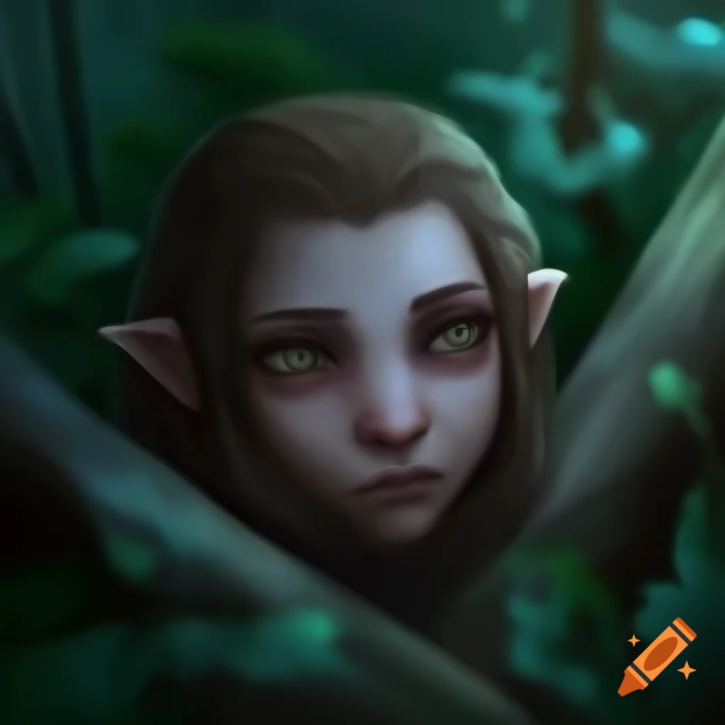 Dark haired elf gazing into distance with a mysterious expression on