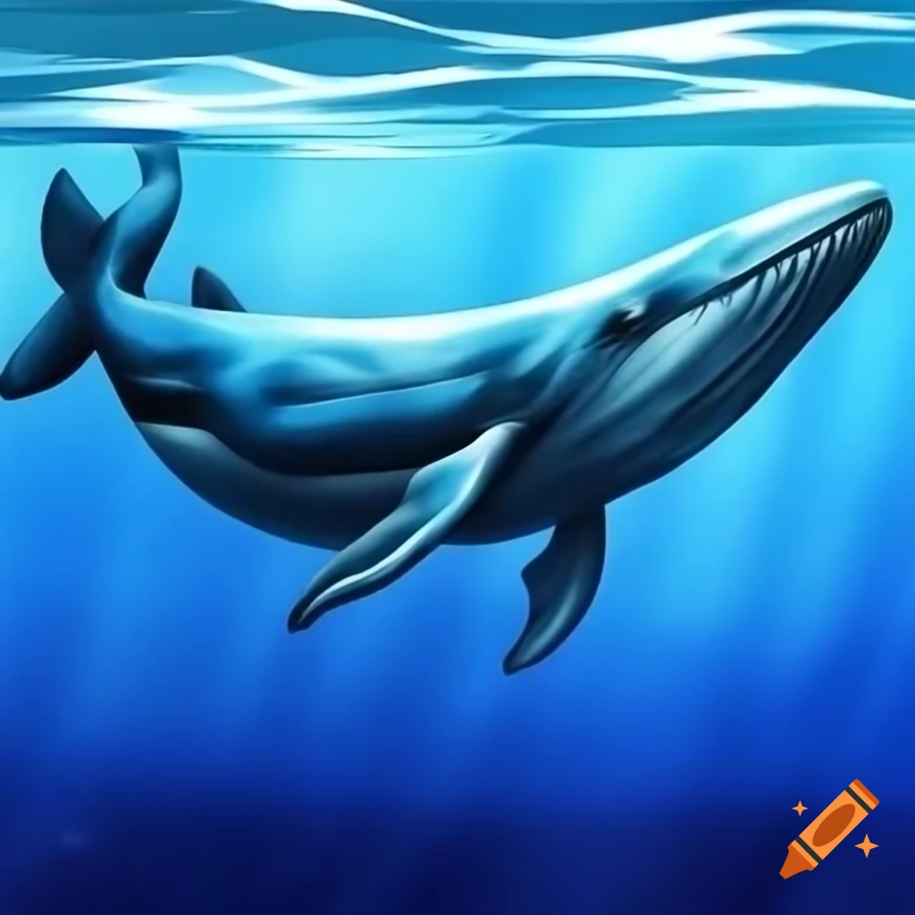Blue whale breaching in warm ocean, realistic detail