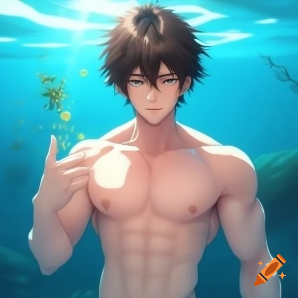 Anime man holding breath underwater with light colors