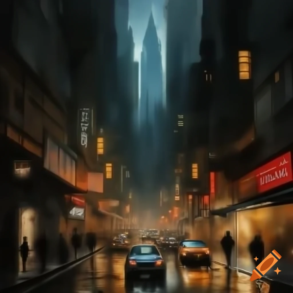 Acrylic painting of a gothic-inspired metropolis at night with towering skyscrapers
