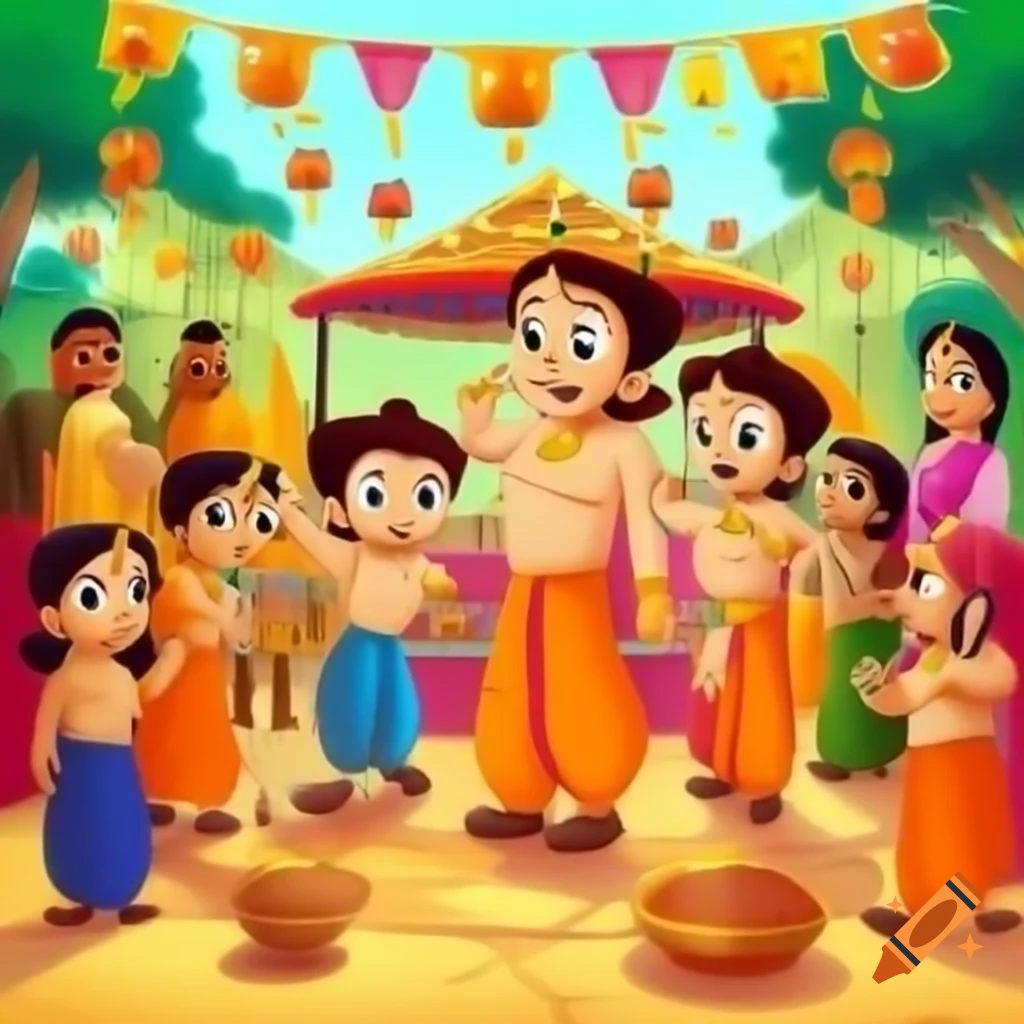 Colorful village square with cartoon characters enjoying ladoos