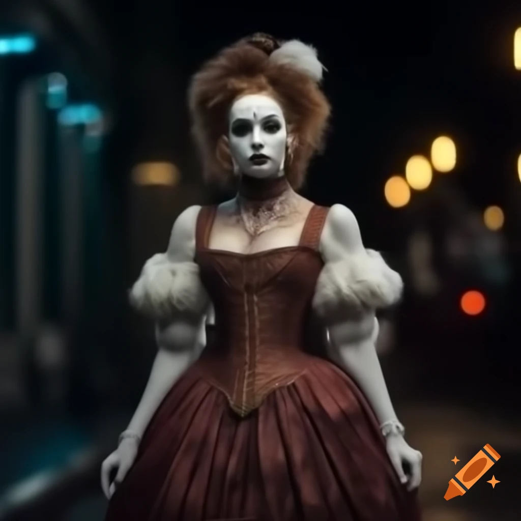 Victorian female ghost in evening dress walking in Copacabana under full moon