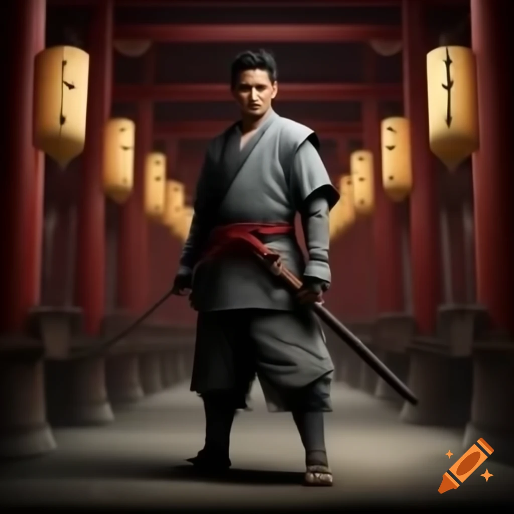 Japanese swordsman standing in a temple setting