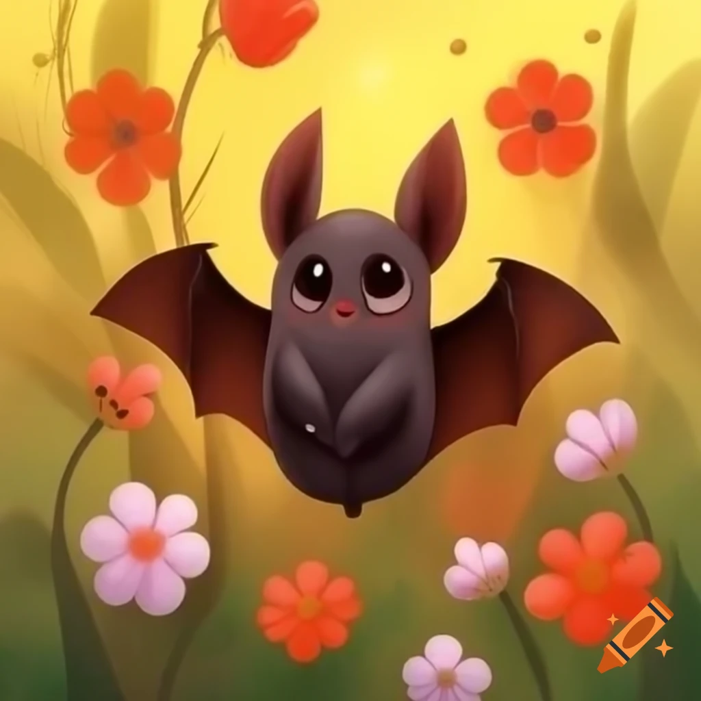 Cute bat among colorful flowers in painting