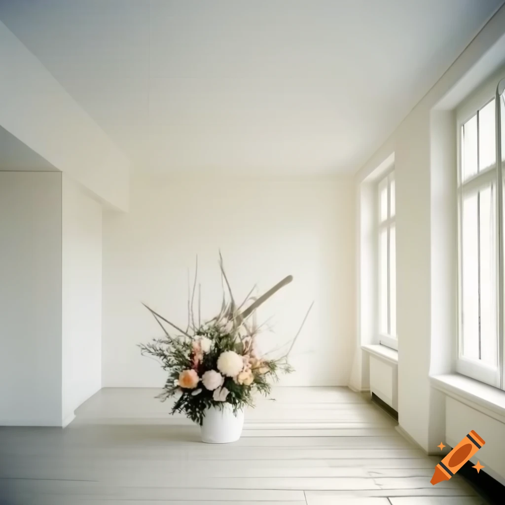 Minimalist studio with white walls, large windows, and oversized floral arrangements
