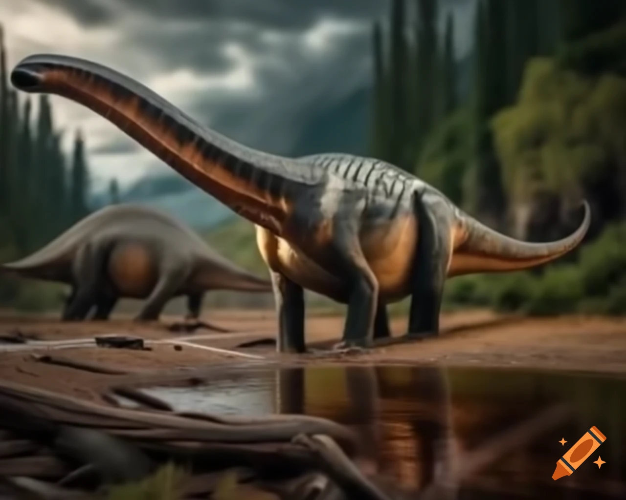 Striped Hadrosaurus roaming by stream in mudflat with ferns and driftwood