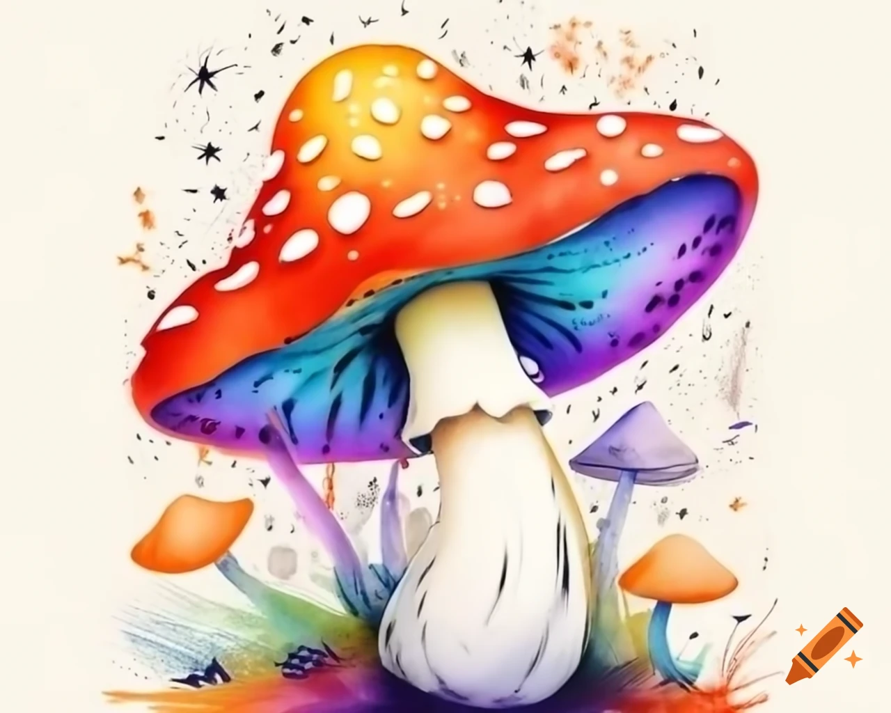 Watercolor Halloween mushroom in rainbow colors, storybook style