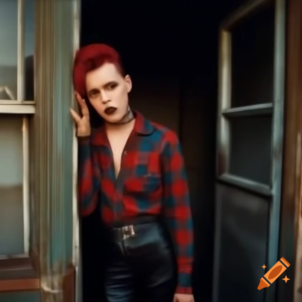 Punk-rocker with mohawk hairstyle and plaid shirt peeking through derelict building