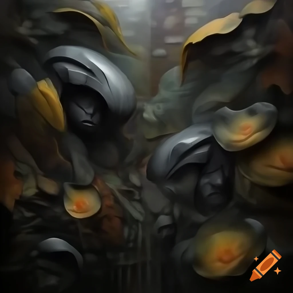 Abstract art of futuristic time travelers in Garden of Eden with exotic flora and fauna