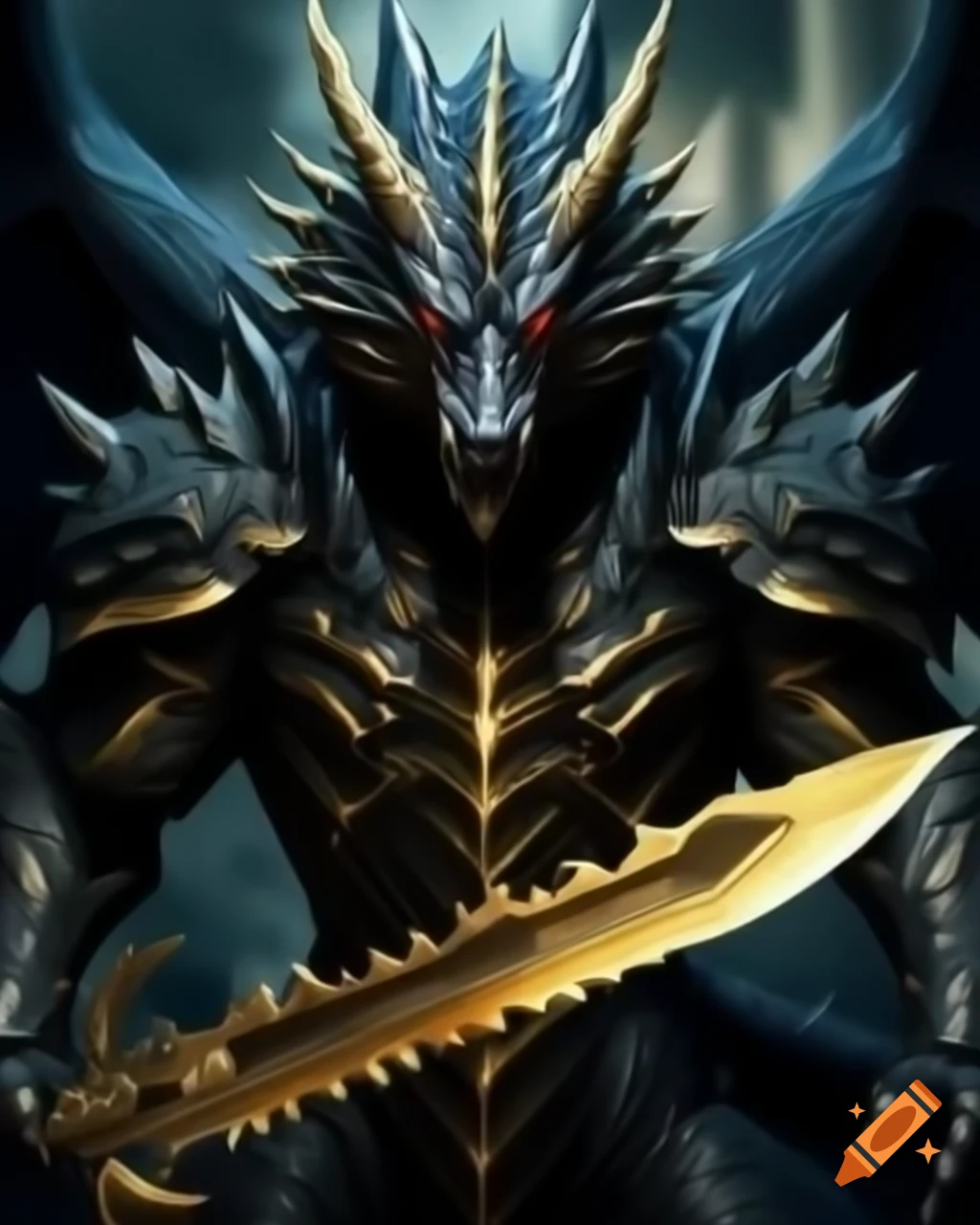 Black dragon in armor wielding golden blade in attack pose