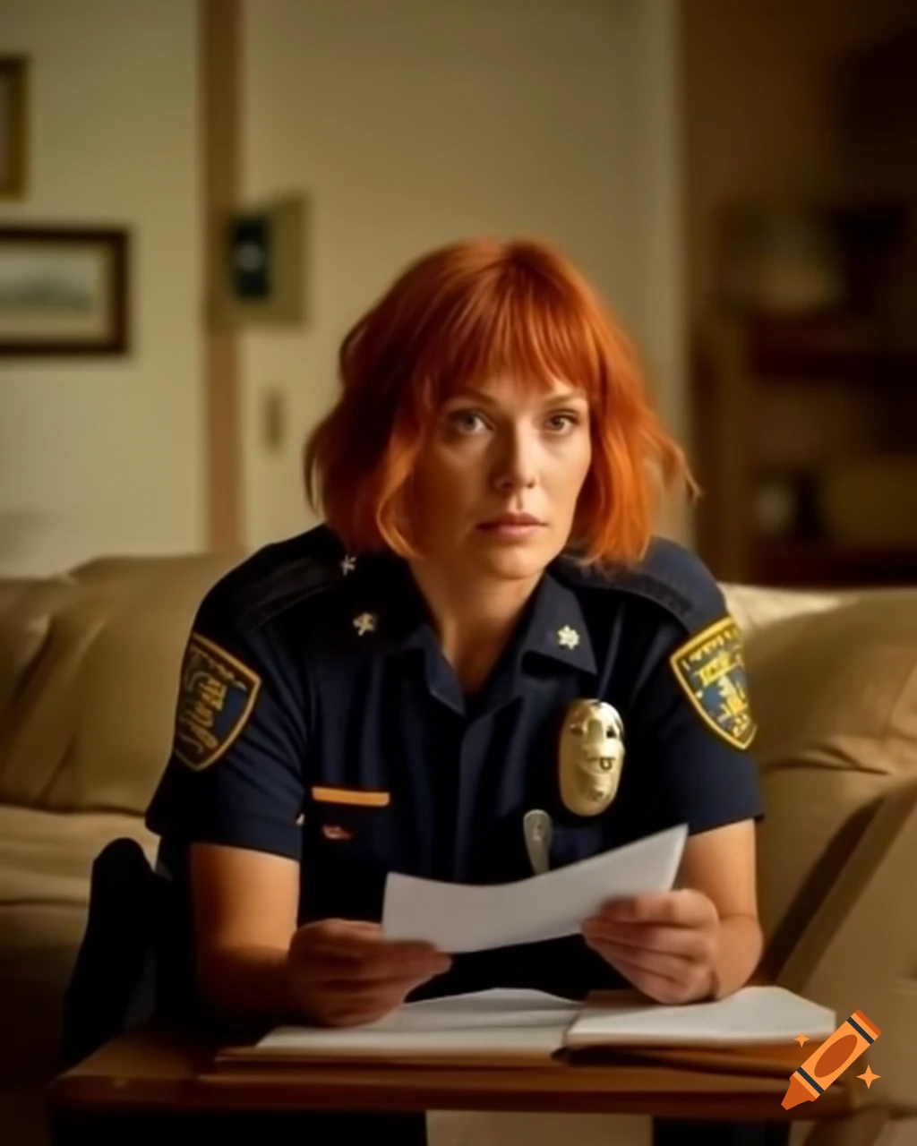 French police officer taking notes at crime scene in dusty living room, hyper-realistic detail
