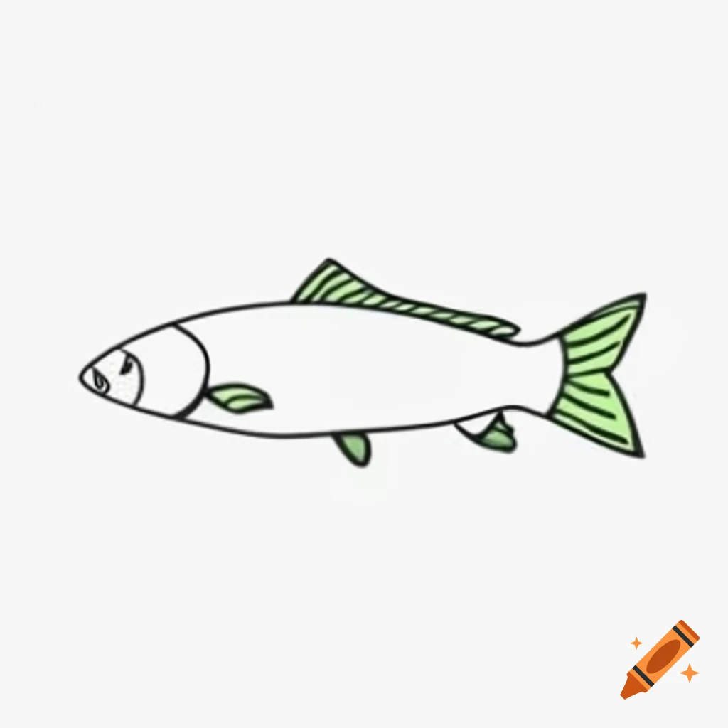 Minimalist black line drawing of carp fish with orange and green accents