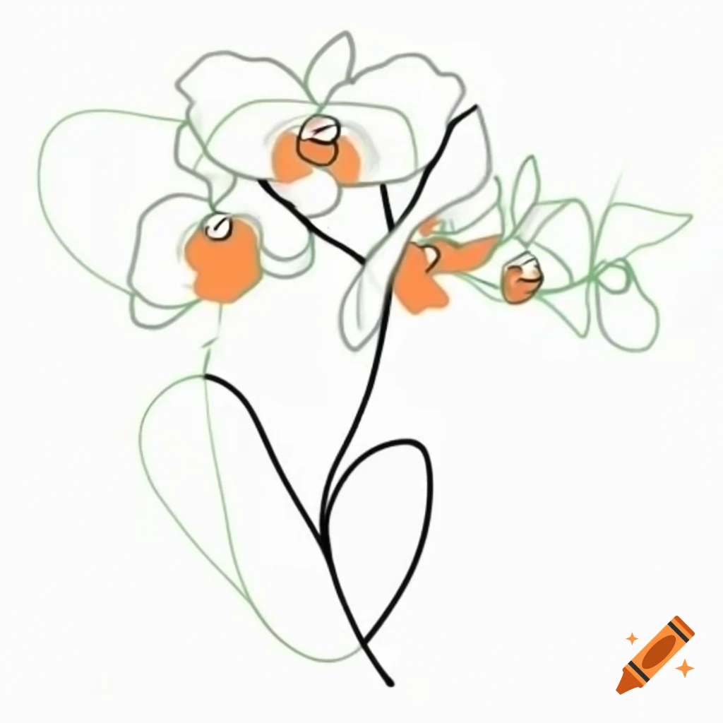 Minimalist black line drawing of orchid in orange and green on white background