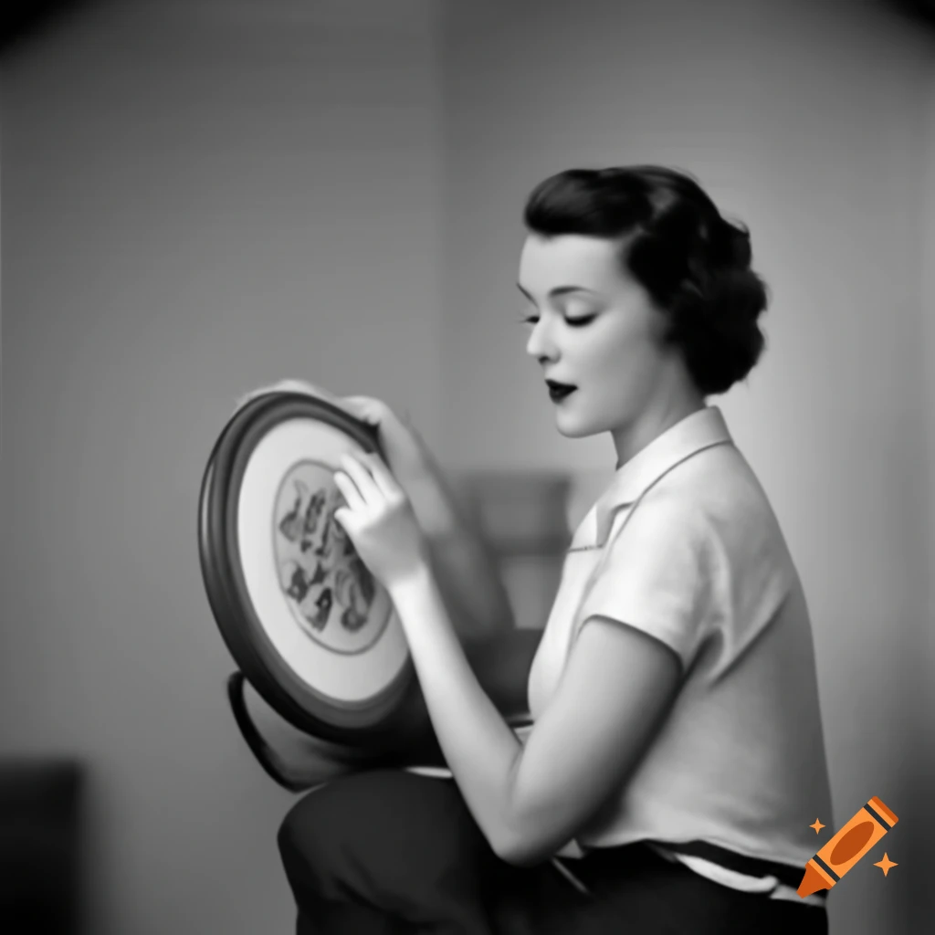 Woman doing needlepoint in 1950s style