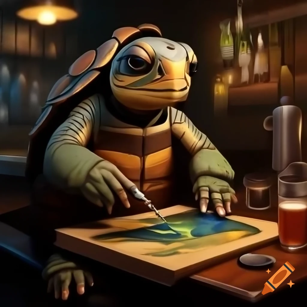 Turtle painter creating art in a bar setting