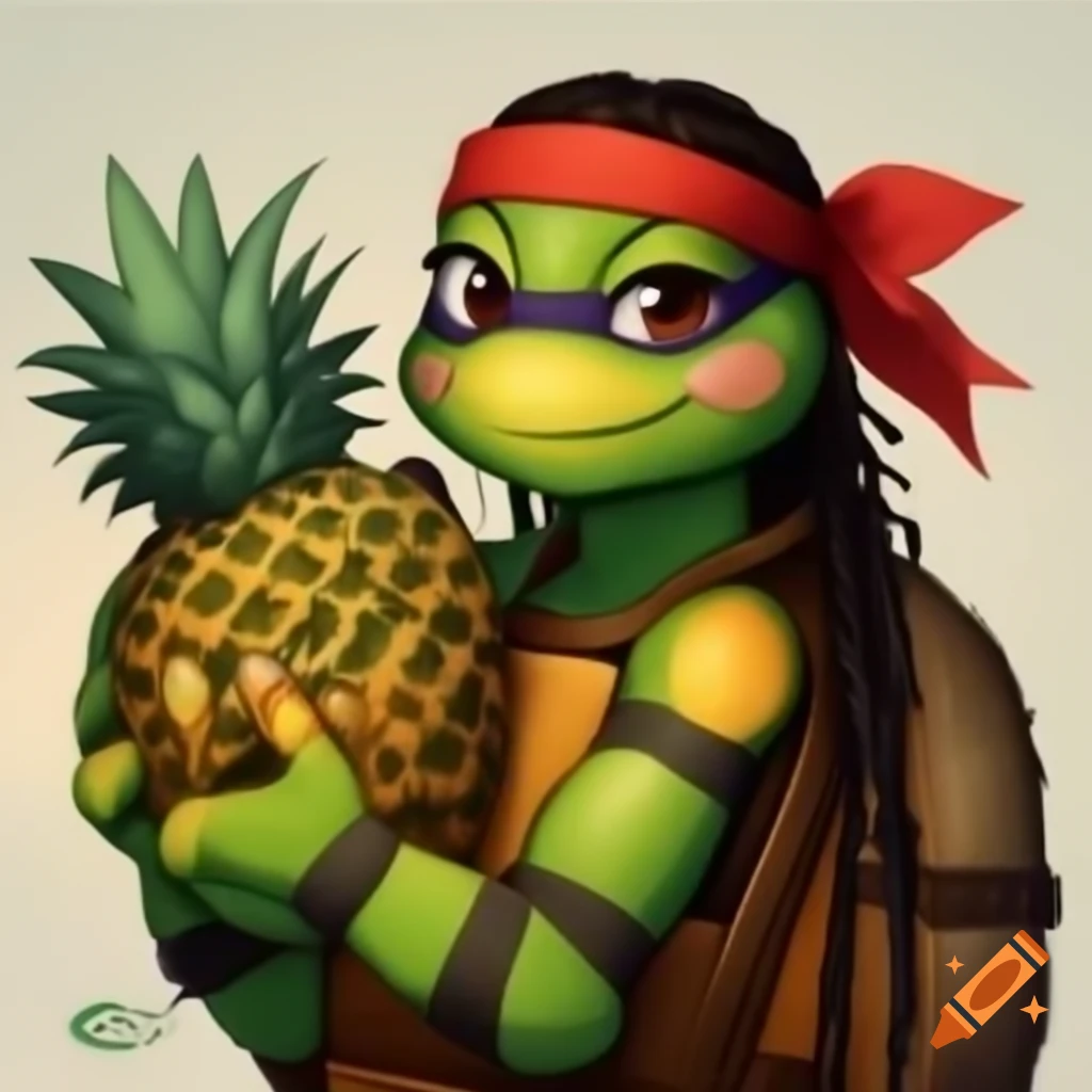 Cute female ninja turtle character with long brown braids holding a pineapple