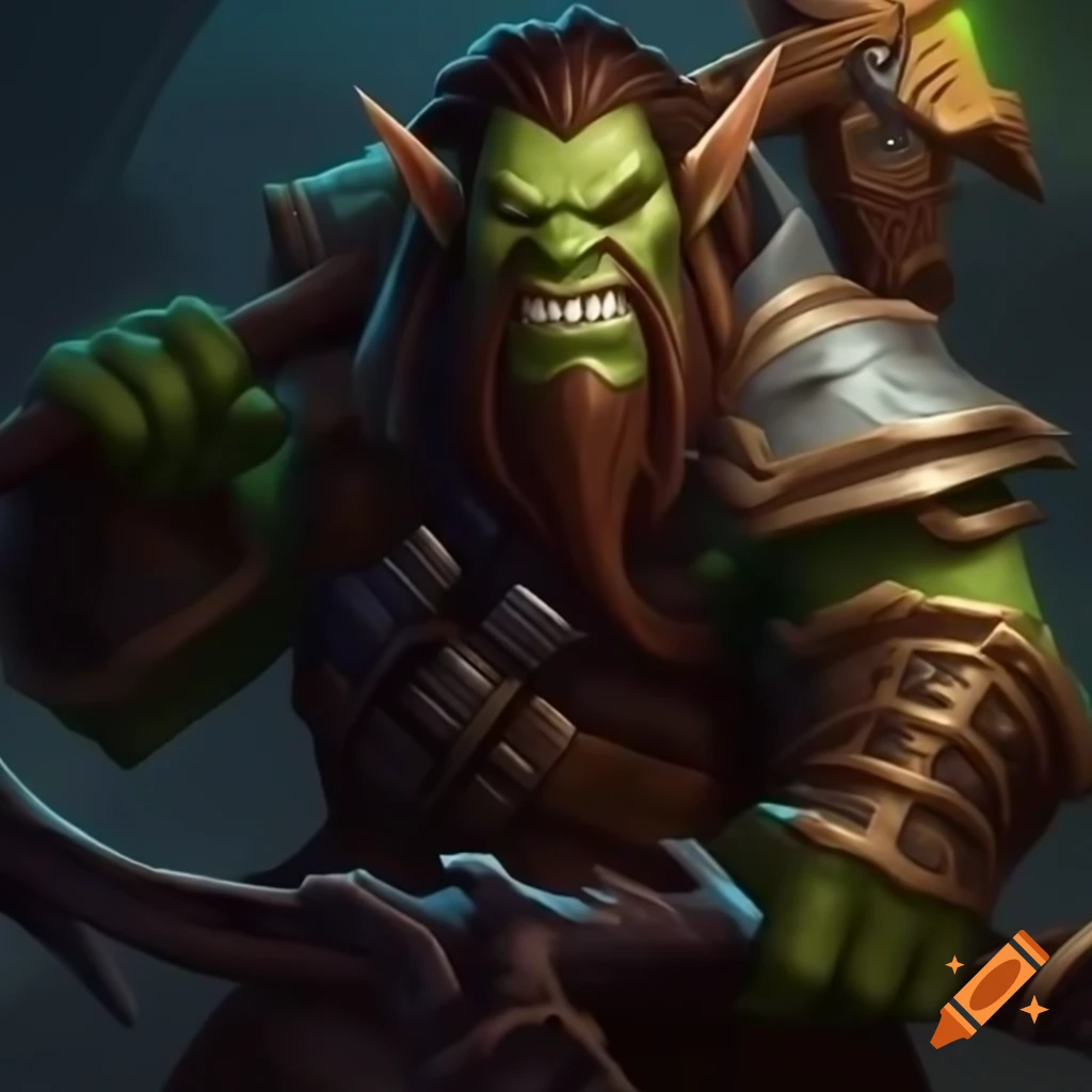 Orc hunter in heroic armor from World of Warcraft, bow and arrow ready